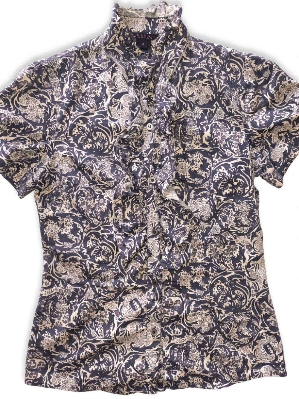Pink Tartan Ruffle Front Floral Damask Blouse - Navy, White & Gray- Size 4
